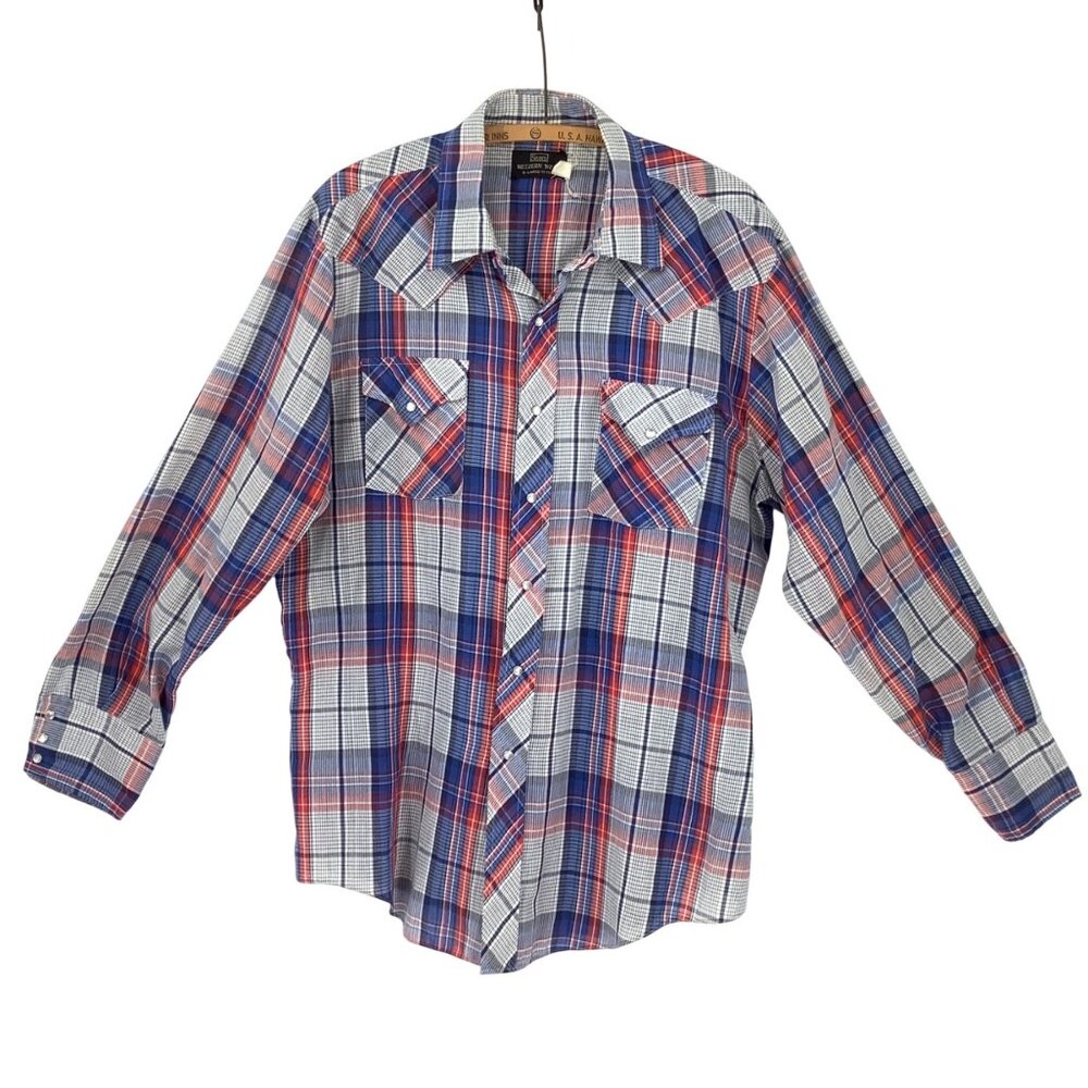 Sears Western Wear XL Pearl Snap Long Sleeve Shirt Red / Blue Plaid Cowboy Style